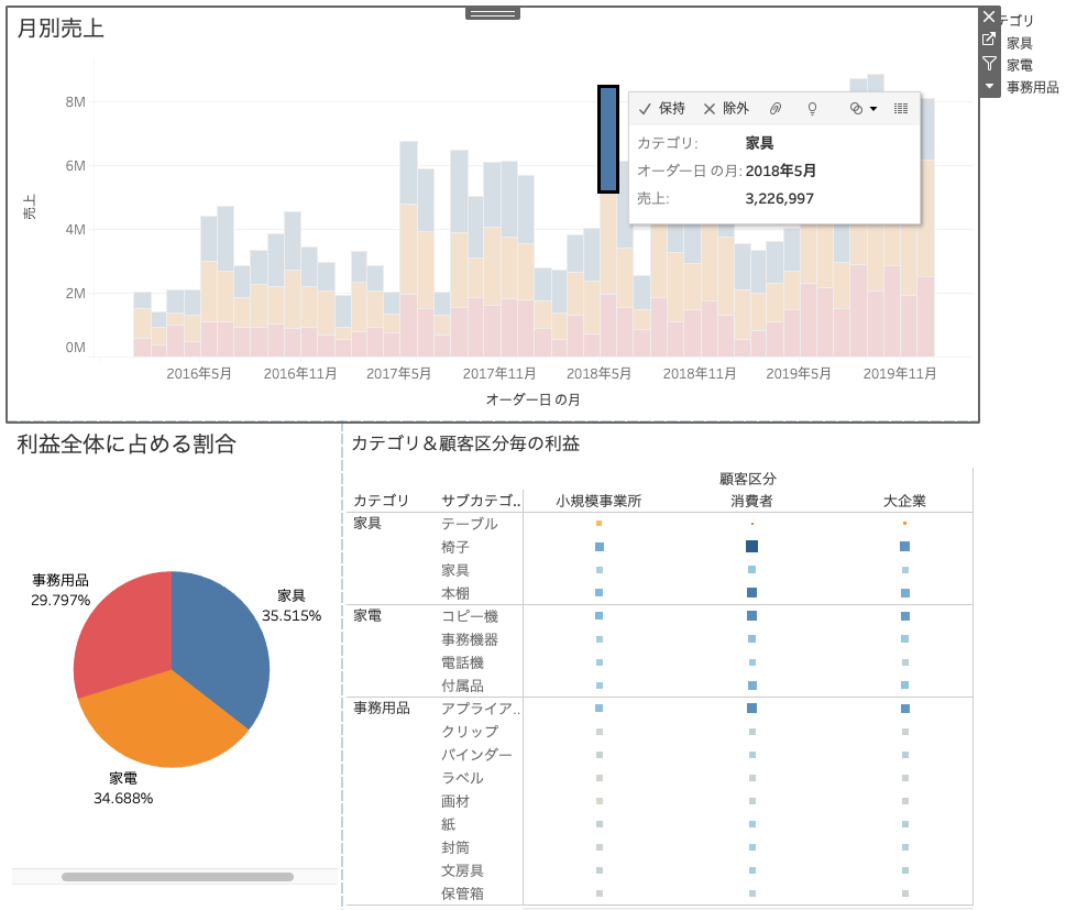 Tableauのダッシュボードでクリックしてハイライト