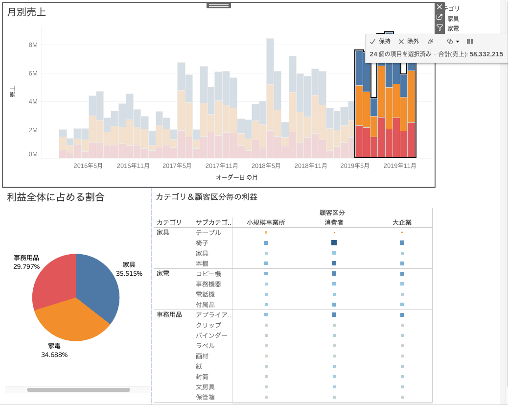 Tableauのダッシュボードでドラッグしてハイライト