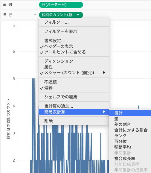 Tableauでカウントを累計に設定