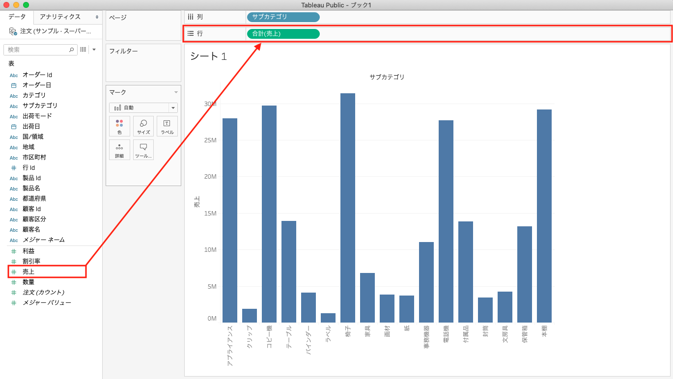 Tableauで売上を行にドラッグ＆ドロップ