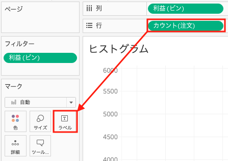 Tableauで行からマークのラベルへドラッグ＆ドロップ