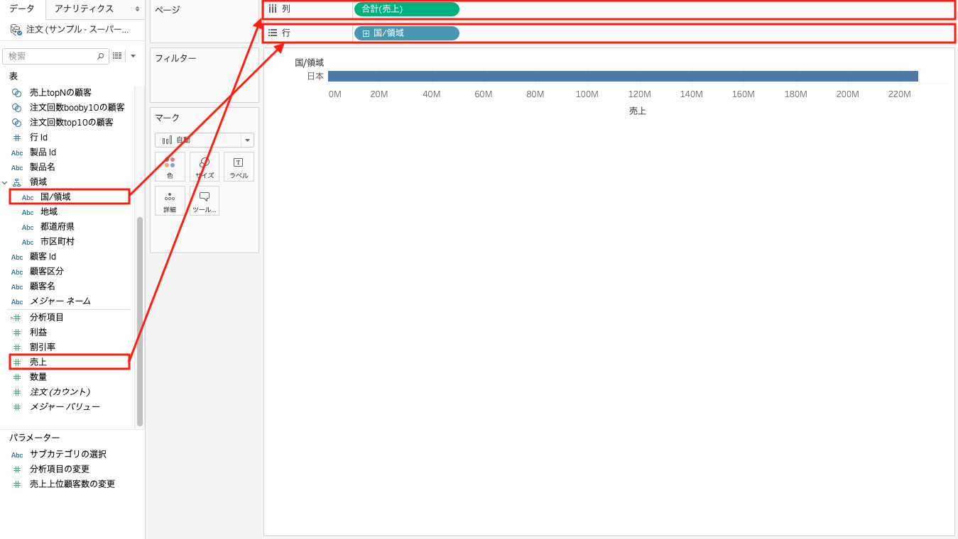 Tableauで行と列にドラッグ＆ドロップ