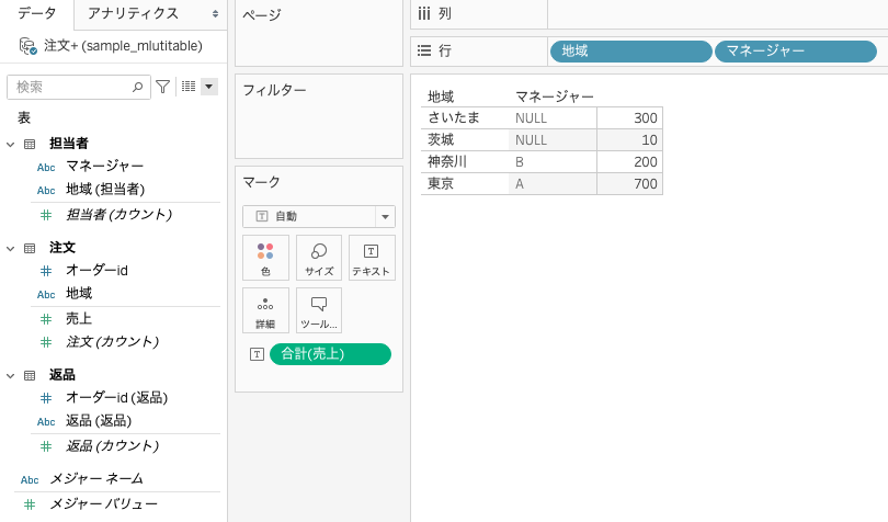 Tableauで複数テーブルからディメンションとメジャーを選択して分析