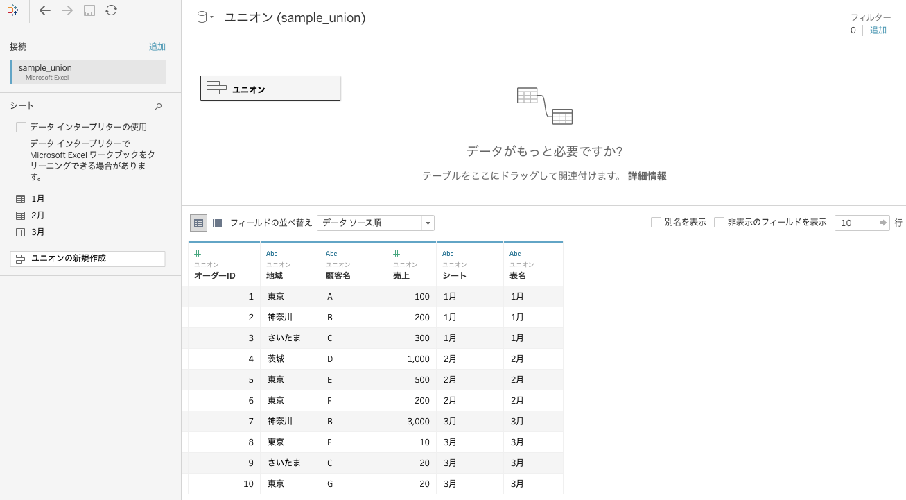 Tableauで複数テーブルのユニオン