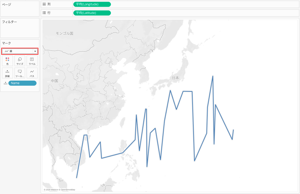 Tableauで線グラフを選択して地図上のデータポイントが結ばれた状態