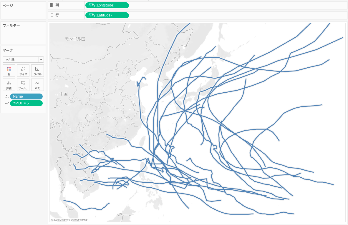 すべての台風の経路が表示されたTableauのマップ