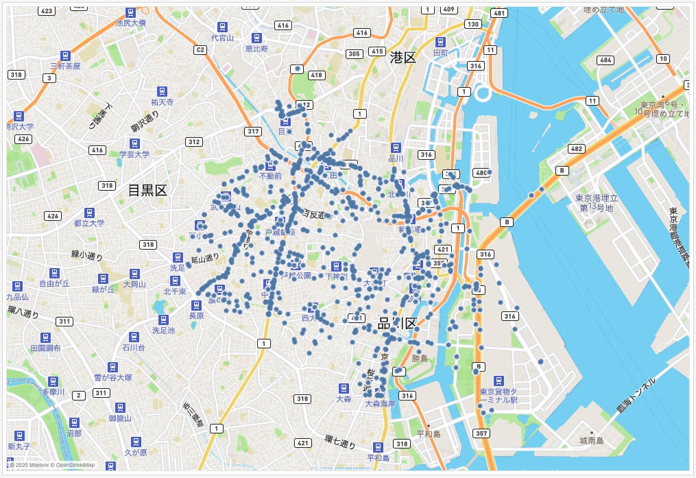 バックグラウンドマップのスタイルに「ストリート」を選択したTableauのマップ